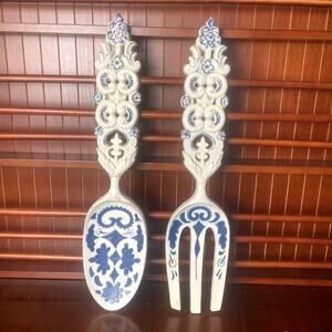 Vintage Sexton 1970 MCM Blue & White Large Spoon & Fork 21" Metal USA Kitchen